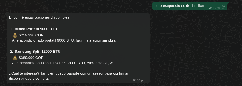 WhatsApp sales assistant product recommendation preview